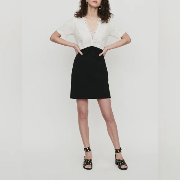 Maje Ravelle Lace-Inset Ceep V Neck Colorblock Mini Dress Ptp 17" Sz 3 UK / L US - Picture 5 of 16